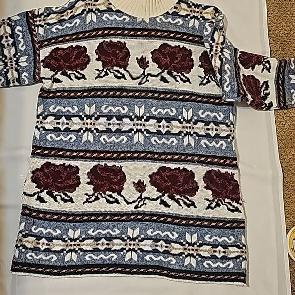 Donna Scott Vintage Light Blue & Burgandy Floral Turtleneck Sweater medium - Picture 3 of 7